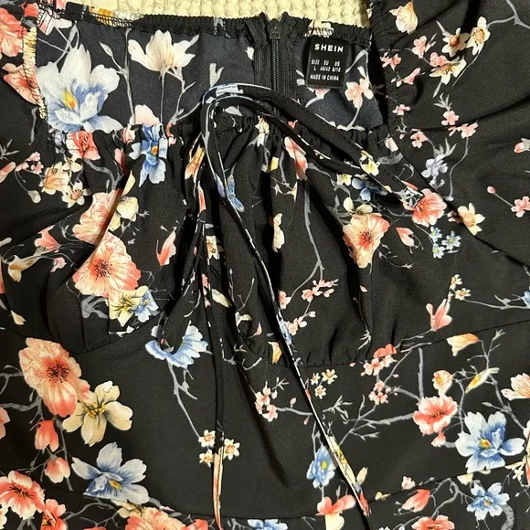 SHEIN Black Flowered Ruched Bust Midi Dress, Size L, NWOT - Picture 5 of 6